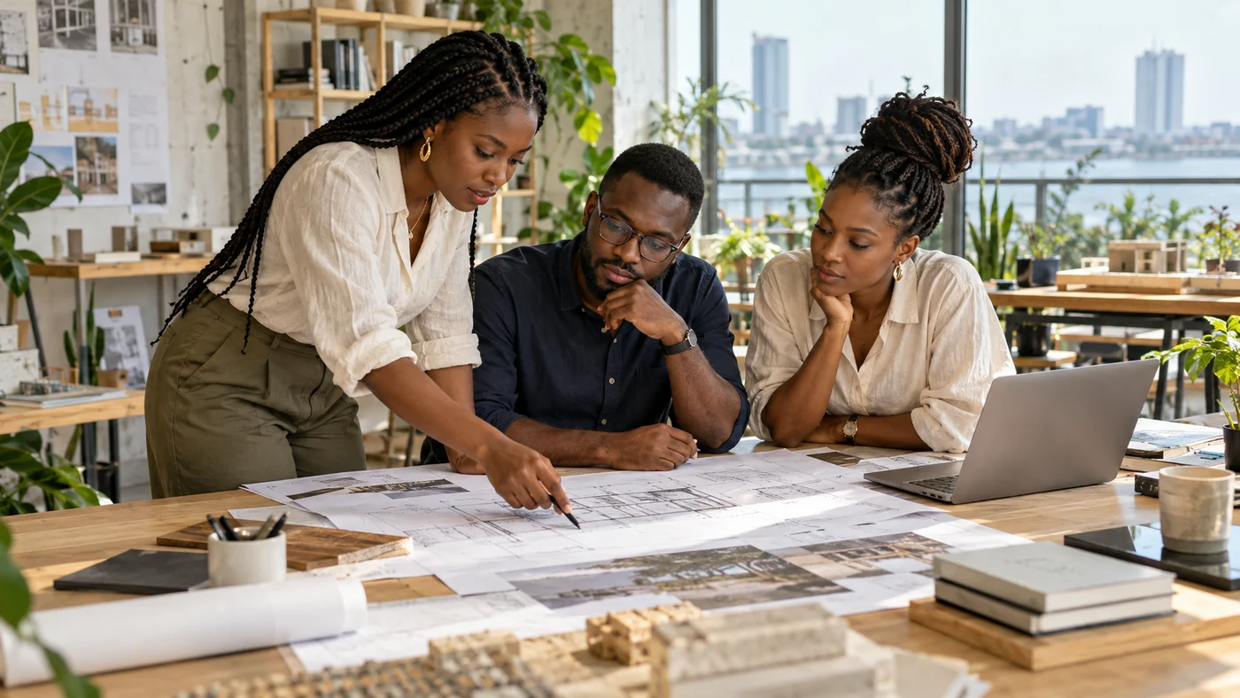 Three professionals considering an architectural project together